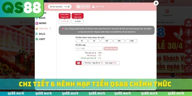 Chi tiết 6 kênh nạp tiền QS88 chỉnh thức